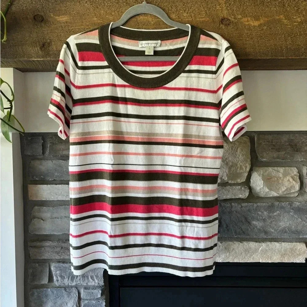 Christopher & Banks Sweater M Green Red Peach Cream 70s retro Stripe
